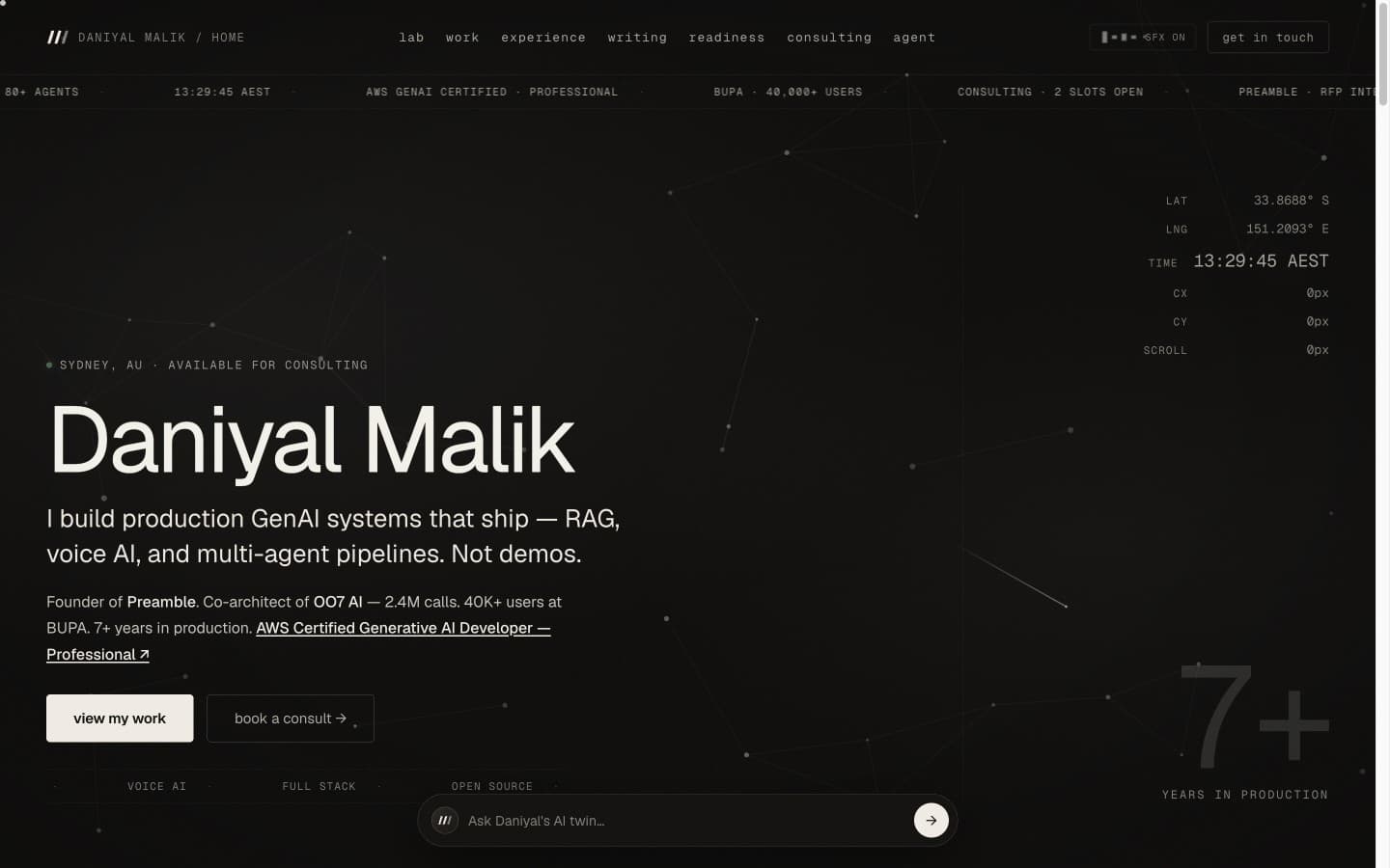 Daniyal Malik portfolio — dark command-center hero with constellation field and live telemetry