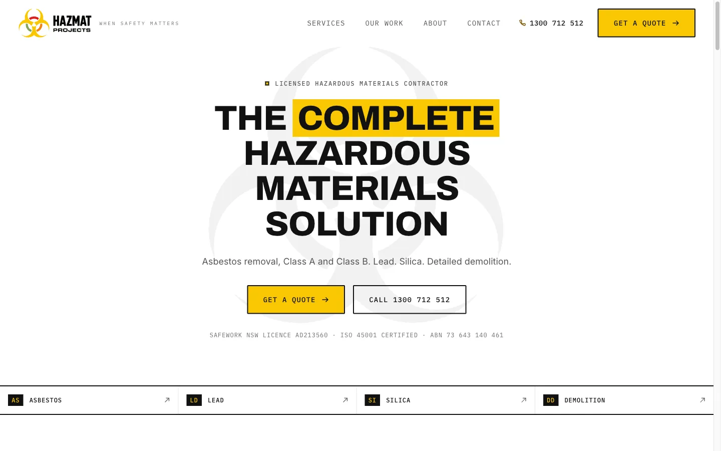 HAZMAT Projects homepage hero — trefoil watermark behind 'The complete hazardous materials solution'