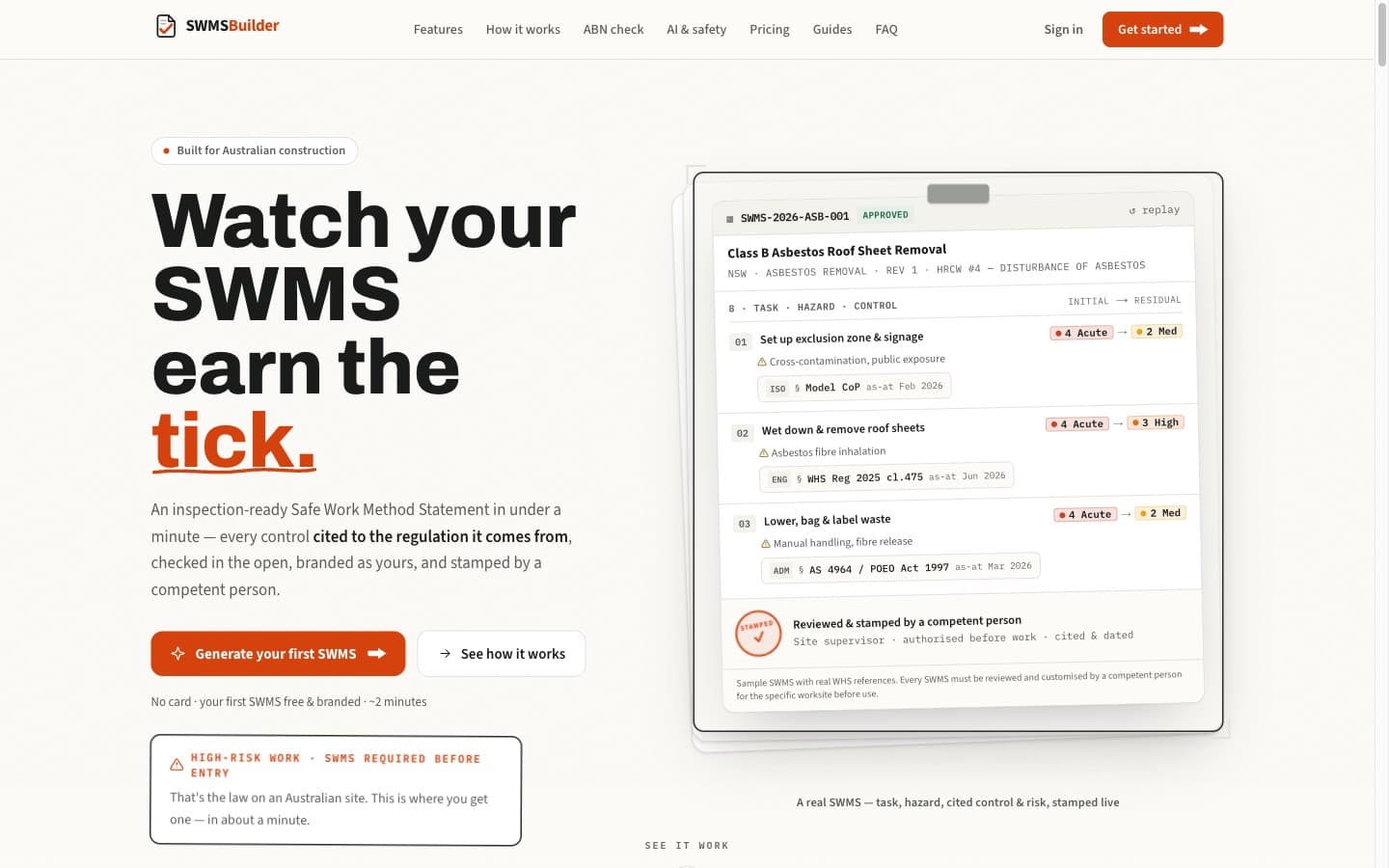 SWMSBuilder homepage hero — warm-paper 'Watch your SWMS earn the tick' with a live, cited and stamped Safe Work Method Statement